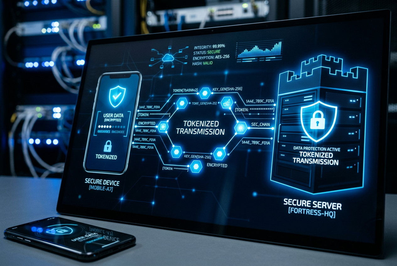 Ilustracja przedstawiająca bezpieczną technologię tokenizacji płatności.